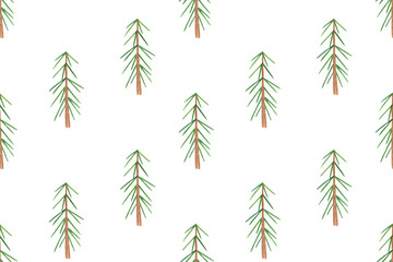Simple watercolor green Christmas tree seamless pattern in simple cute cartoon style, decorative evergreen forest tree collection