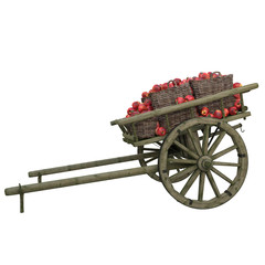 Fototapeta premium Wooden cart with red ripe apples in buckets.