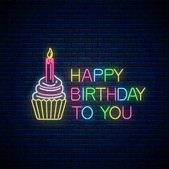 Glowing neon sign of happy birthday card with cake and candle. Birthday cake celebration symbol in neon style.