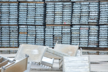 Openair storage of galvanized steel and aluminum frames, ladders, and ringlock scaffolding systems for many applications on restoration, industrial and construction sites.