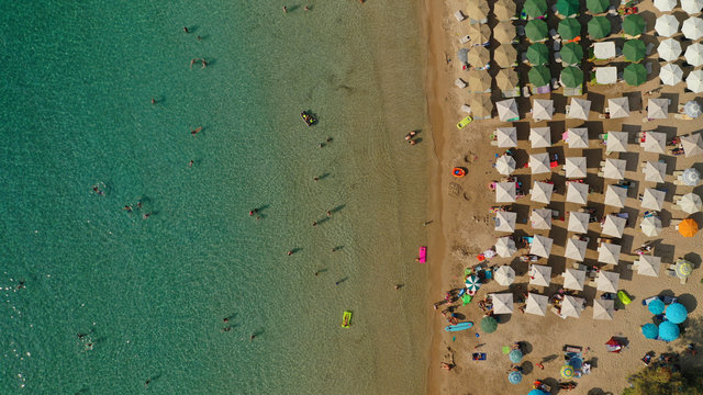 Aerial drone photo of famous organised sandy paradise beach of Kalogria in the heart of Messinian Mani next to iconic village of Stoupa, Peloponnese, Greece