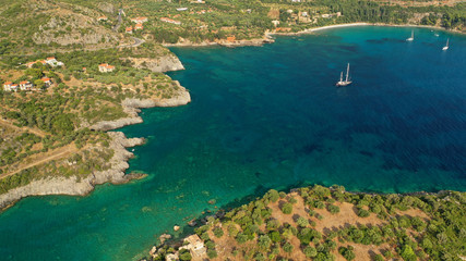 Obraz premium Aerial drone photo from picturesque village of Kardamili in the heart of Messinian Mani, Peloponnese, Greece