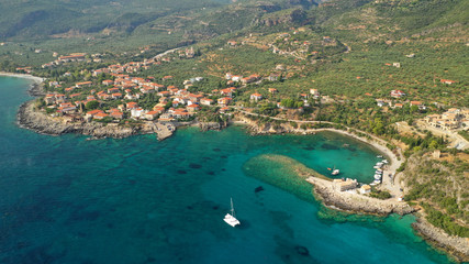 Fototapeta premium Aerial drone photo from picturesque village of Kardamili in the heart of Messinian Mani, Peloponnese, Greece