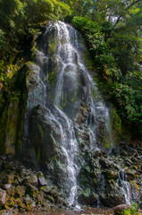 The Bridal Veil waterfall is located in the Northeast Volcanic Complex on São Miguel Island, Azores