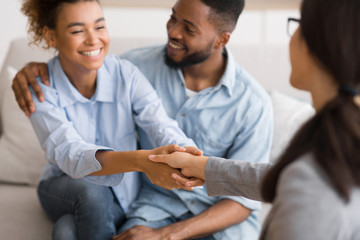 Obraz premium Cheerful african american spouses and psychologist handshaking in office