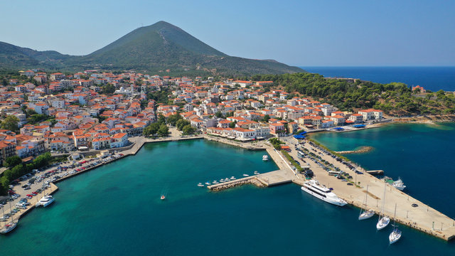 Aerial drone photo of iconic medieval castle and village of Pylos or Pilos in the heart of Messinia prefecture, Peloponnese, Greece