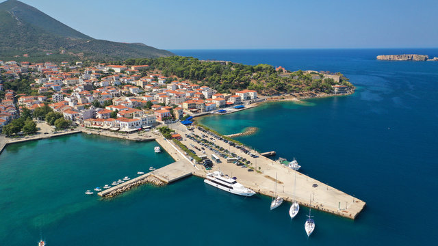Aerial drone photo of iconic medieval castle and village of Pylos or Pilos in the heart of Messinia prefecture, Peloponnese, Greece