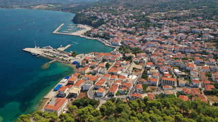 Aerial drone photo of iconic medieval castle and village of Pylos or Pilos in the heart of Messinia prefecture, Peloponnese, Greece