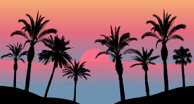 Sunset in the sea, silhouettes of palm trees on the beach. Vector illustration.