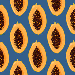 Cutted fresh papaya seamless pattern. Bright tropical summer background.