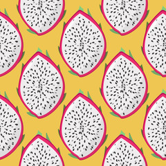 Dragon fruit pitaya, pitahaya seamless pattern. Raw tropical fruit summer background.