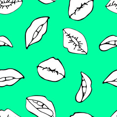 Lips seamless pattern. Cosmetics and makeup seamless pattern. Closeup beautiful lips of woman with red lipstick. Sexy lip make-up. Open mouth. Sweet kiss. Seamless pattern in pop style.