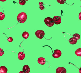 Seamless pattern of ripe cherry berries. Watercolor background for textile or Wallpaper packaging.