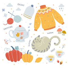 Autumn vibes, collection of hand drawn vector illustrations in scandinavian style. Sweater, tea pot, cute cat, pumpkin, leaves and other symbols of autumn. Cozy fall hygge ideas for october.