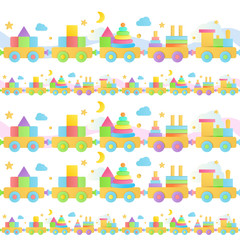 Wooden train baby toy seamless line for decorating invitation cards and banners. Decorative divider elements in pastel colors. Montessori toddler toys cartoon illustrations. Colorful doodle pattern.