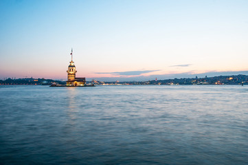 Fototapeta na wymiar Maiden’s tower at sunset, Tower and lighthouse at bosphorus night in istanbul, wonderful famous island in Turkey
