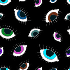 Eye seamless pattern. Vector hand drawn wink, open, eyes with lash background, isolated on black backgraund