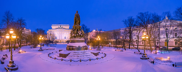 Saint-Petersburg.  Lights on Ostrovsky square. Alexandrinsky theatre. Monument To Catherine....