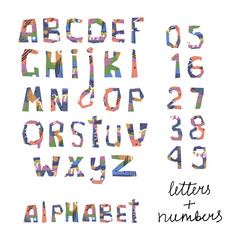 Cut out alphabet. Colorfull letters and numbers. Vector set