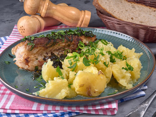 Fried sea bass with parsley.It's on a porcelain plate.On grey background