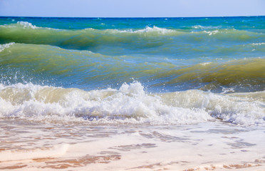 Sea waves. Sea of Crimea. High waves in clear weather. Sunny day at sea. Background blue sea waves....