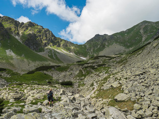 Man hiker with backpack hiking footpath trail in mountain valley Smutna dolina with rock boulders, scrub pine and green mountain peaks. Western Tatras mountains, Rohace Slovakia, summer, blue sky © Kristyna