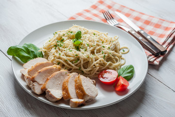 Italian spaghetti pasta with sauce and chicken