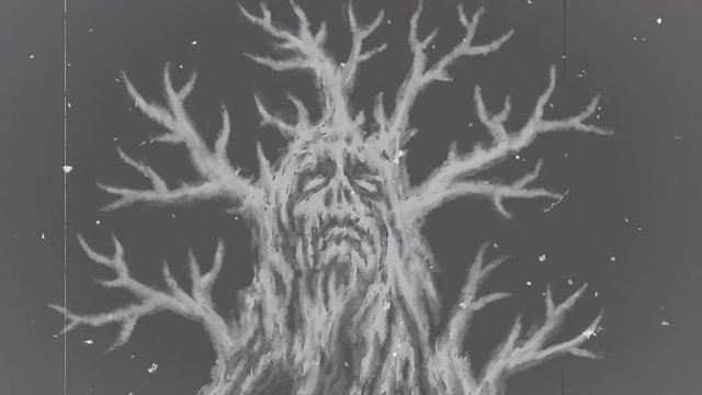Terrible crooked tree grows and straightens branches. Human face is decomposed and exposed skull crumbles to ashes. Abstract Vj looped 2D animation in genre of horror fantasy. Damaged film effect.