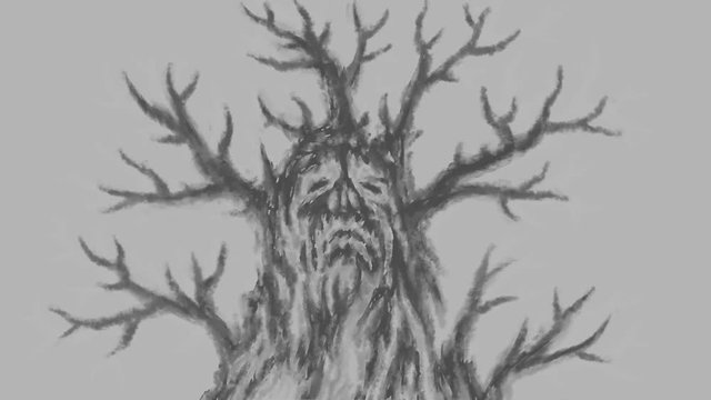 Terrible crooked tree grows and straightens branches. Human face is decomposed and exposed skull crumbles to ashes. Abstract vj looped animation in genre of horror.