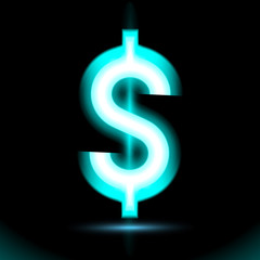 Dollar Blue Neon icon. Lamp, sign button light, symbol for design on black background. Fluorescent glow dark ad, vector luminescent illumination, illustration Ui cyan glowing neon, ux sign