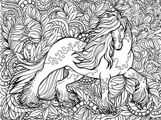 Unicorn and flowers. Magical animal. Vector artwork. Black and white, monochrome. Coloring book pages for adults and kids.