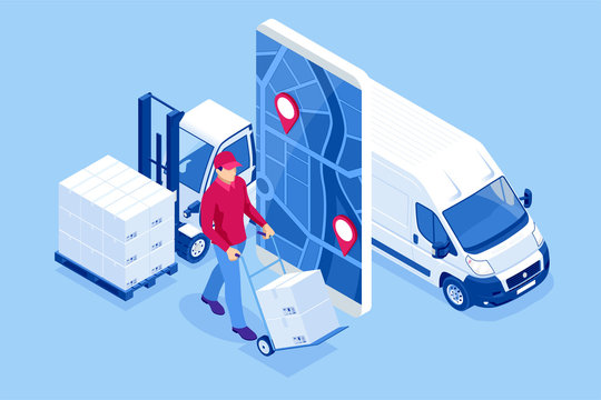 Isometric online Express, Free, Fast Delivery, Shipping concept. Checking delivery service app on a mobile phone. Delivery-truck with cardboard box, mobile phone background.