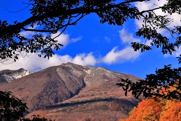 不忘山頂の新雪と山麓の紅葉