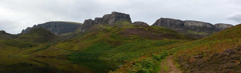 Fototapeta na wymiar Panorama of hike trail and mountains in Isle of Skye, Scotland