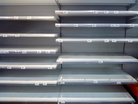 Rows of empty shelves in store