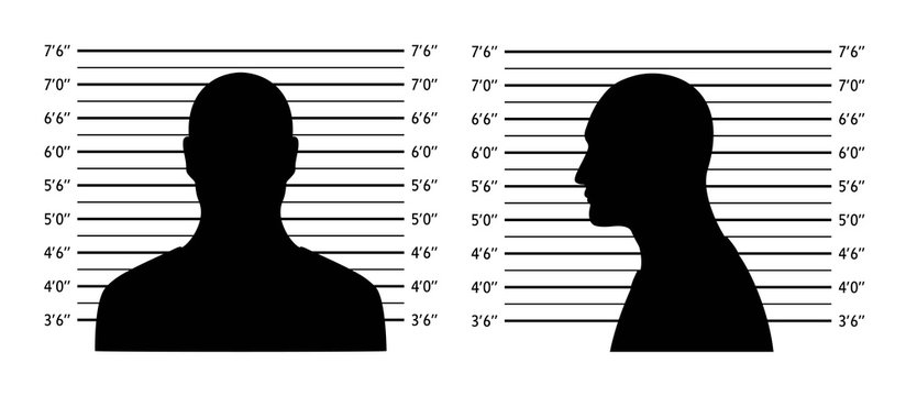 Police lineup. Mugshot background with silhouette men. Black silhouette on white background. Front and profile of  man Isolation. Vector illustration