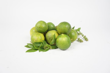 limes in bowl isolated on white background