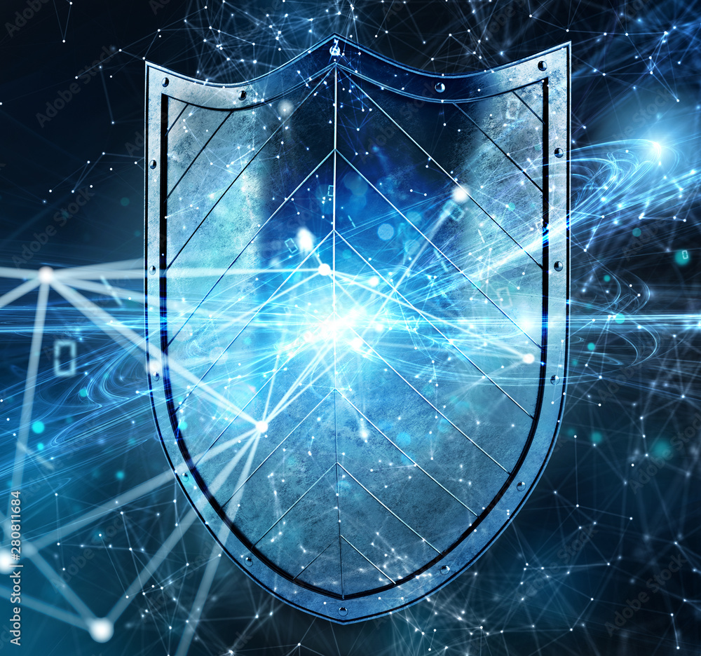 Poster shield protects personal information and internet network from web attack. concept of internet secur