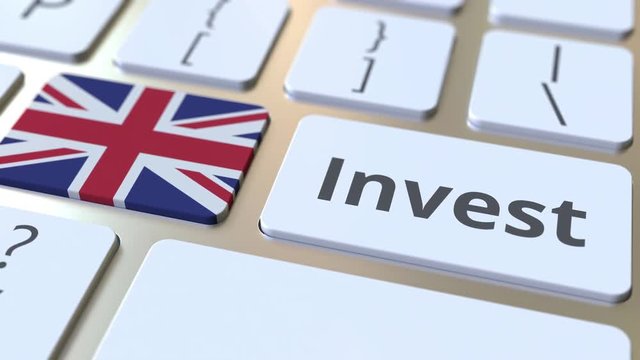 INVEST text and flag of Great Britain on the buttons on the computer keyboard. Business related conceptual 3D animation