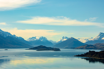 Lake Pupuki at sunset with  Mount Cook in the distance