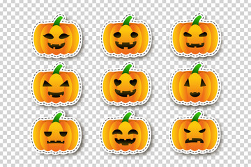 Vector set of cartoon isolated Pumpkin stickers for template decoration and covering on the transparent background. Concept of Happy Halloween.
