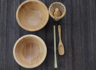 autenthic matcha tea set. dishes for matcha - wooden spoon, whisk, scoop, cup.