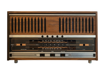 Vintage radio receiver - antique wooden box radio isolate on white with clipping path for object,...