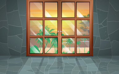 glass door of the house at the beach in morning