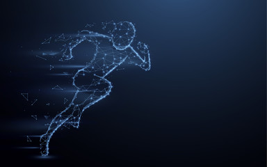 Abstract running man form lines and triangles, point connecting network on dark blue background. Illustration vector