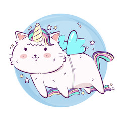 Cute cartoon. Fantasy magic cat unicorn and flying in the air. Hand drawn vector and illustration