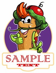 Cartoon style italian sandwich with vegetables, cheese and meat. Vector cartoon character, restaurant logo.