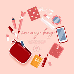 Girly personal items isolated on pastel background : Vector Illustration