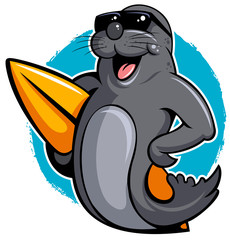 Cartoon style seal with the sunglasses and surf board, seal cartoon character.
