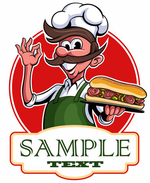 The chief cook offers to taste italian sandwich, vector logo, vector cartoon character of a chef's man with a sandwich.